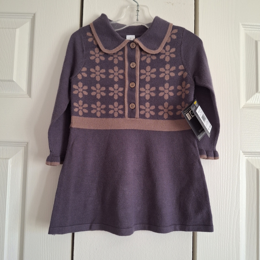 2T Soft Comfy Blue And Brown Collared Floral Knit Toddler Dress Casual Ruffles